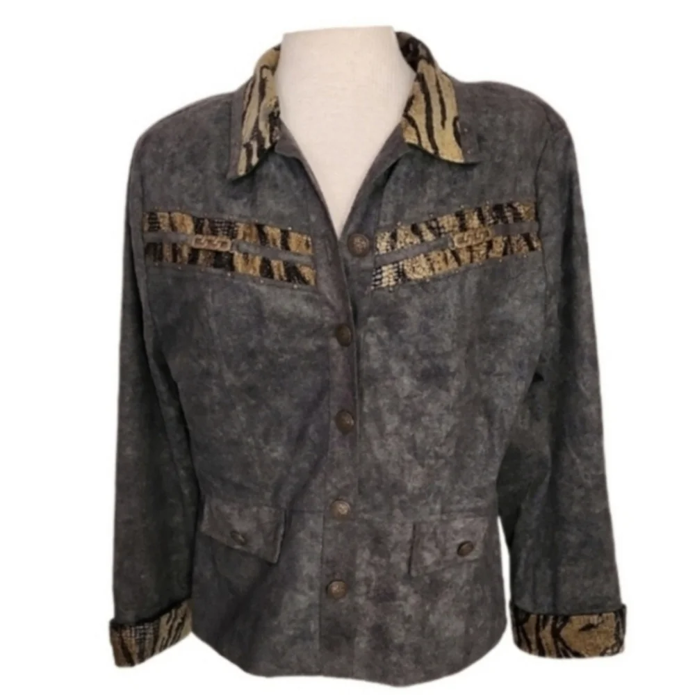 Nancy Bolen Jacket Faux Suede with Animal Print Accents Green Plus Size 14
